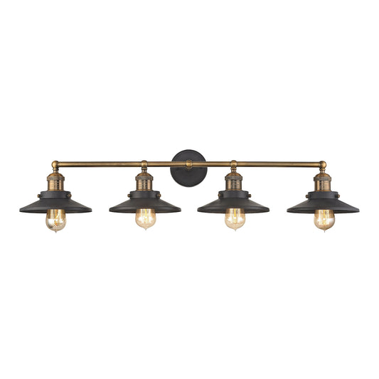 English Pub 4-Light Vanity Lamp in Antique Brass and Tarnished Graphite with Metal Shade