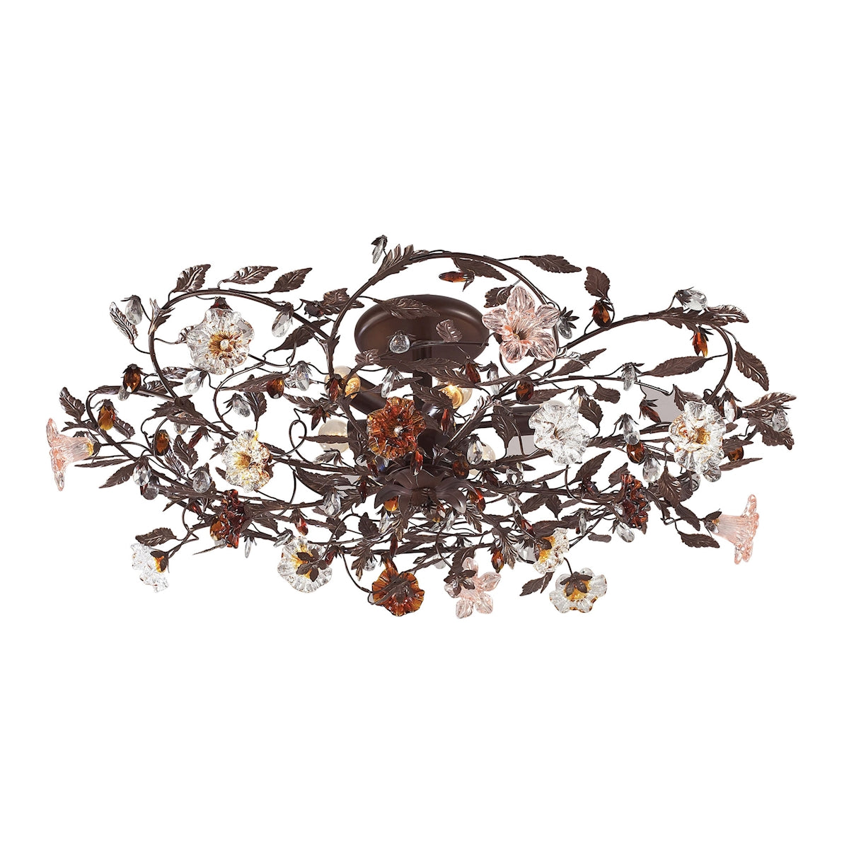 Cristallo Fiore 6-Light Flush Mount in Deep Rust with Clear and Amber Florets